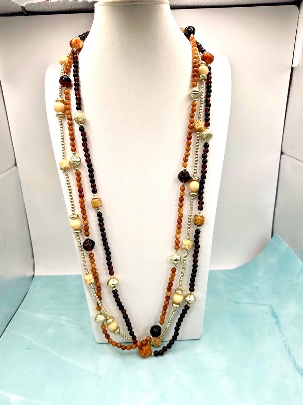 Multi-Strand Amber & Cream Beaded Necklace - Elegant Women's Jewelry